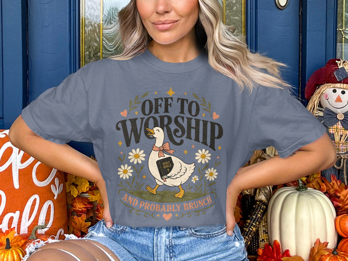 Worship & Brunch T-Shirt — "Off to Worship (And Probably Brunch)" Graphic Tee
