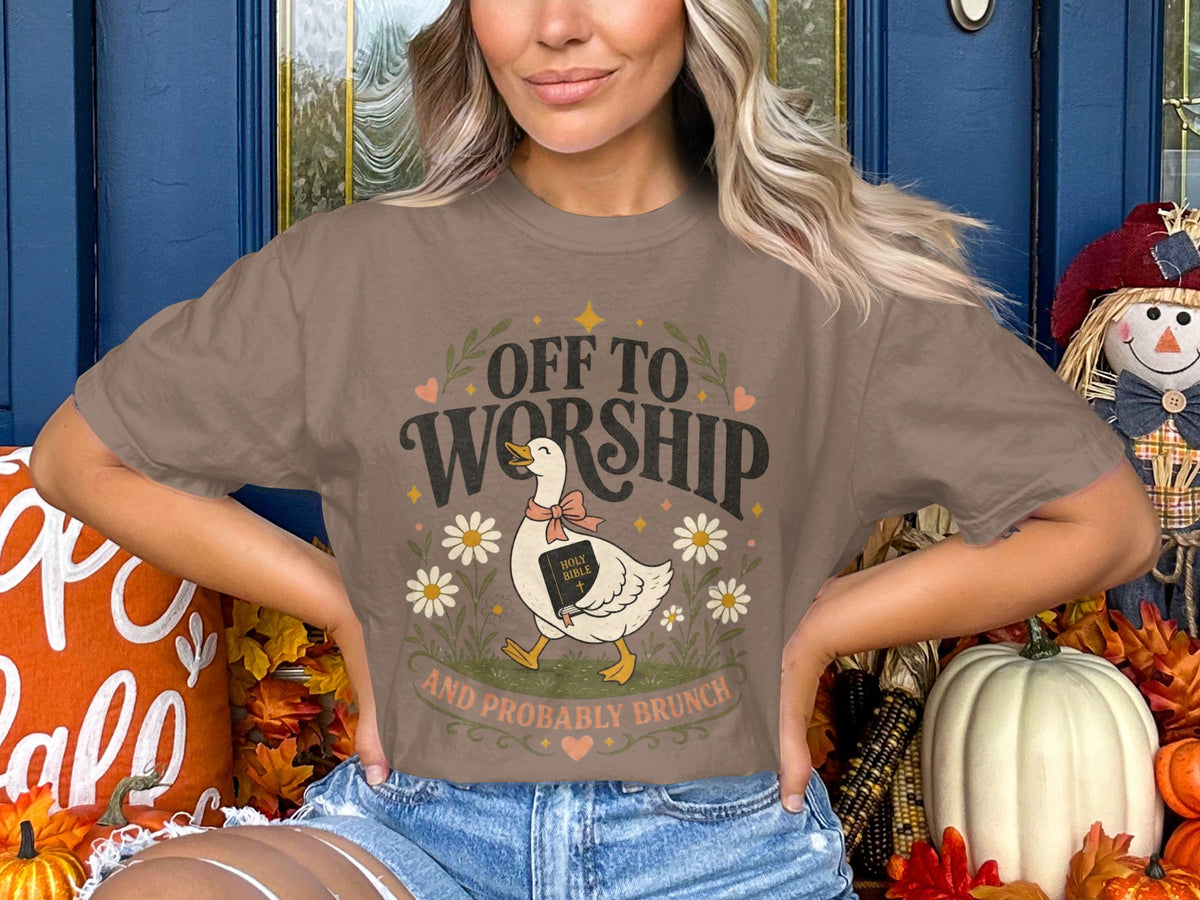 Worship & Brunch T-Shirt — "Off to Worship (And Probably Brunch)" Graphic Tee