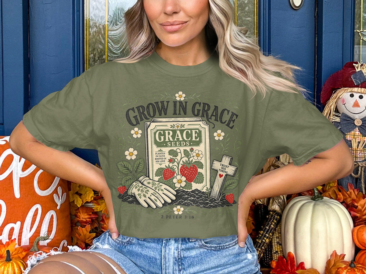 Grow in Grace T-Shirt — Vintage Seed Pack Faith Tee
