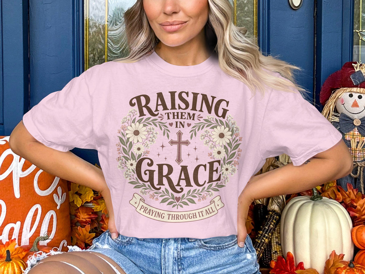 Raising Them in Grace Christian T-Shirt — Floral Cross Faith Tee
