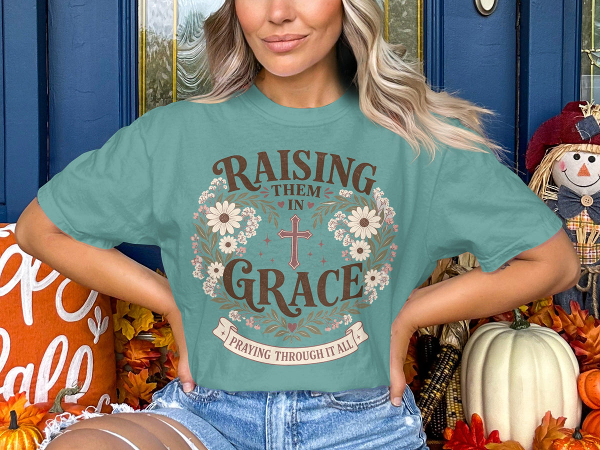 Raising Them in Grace Christian T-Shirt — Floral Cross Faith Tee