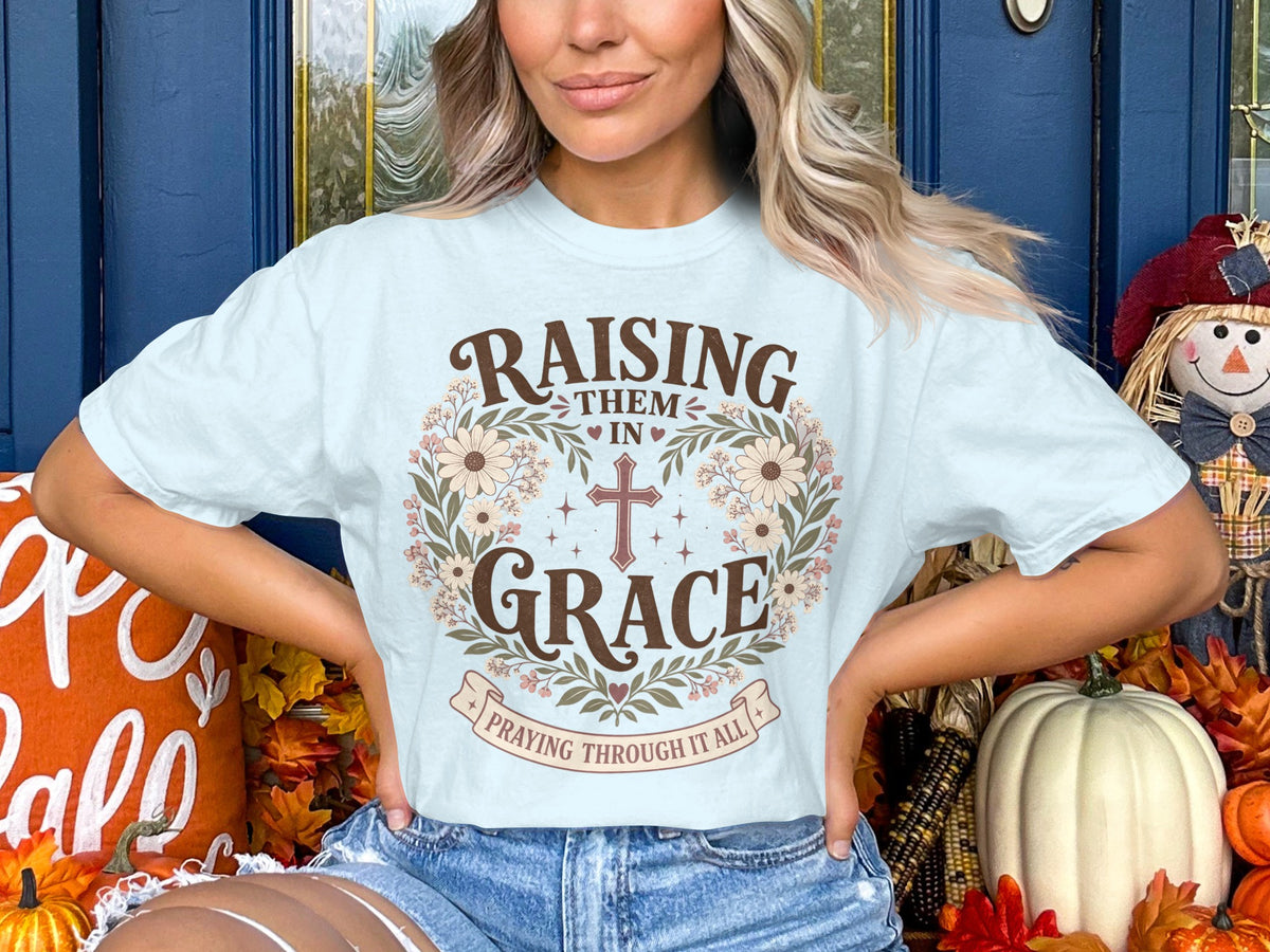 Raising Them in Grace Christian T-Shirt — Floral Cross Faith Tee