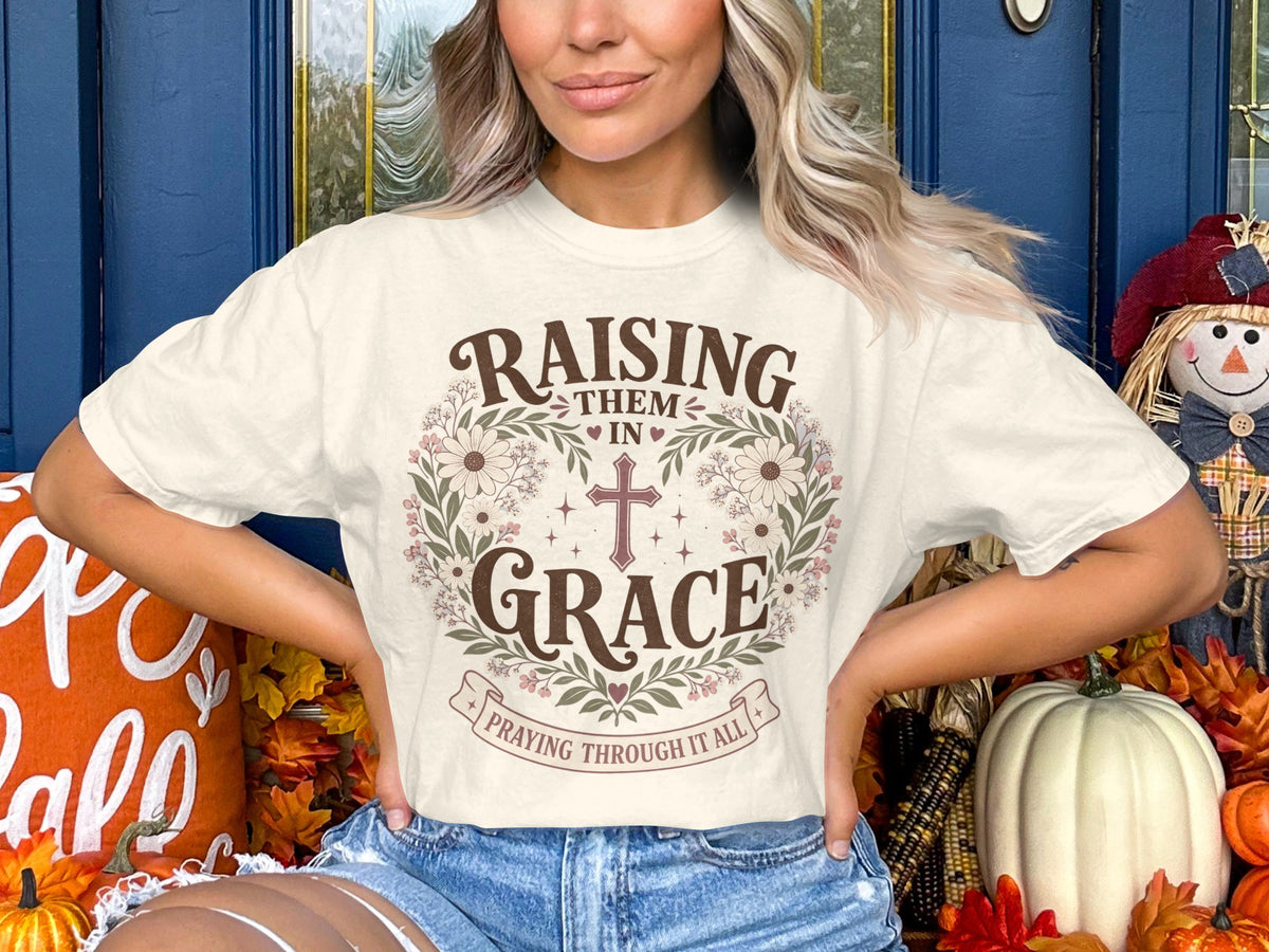 Raising Them in Grace Christian T-Shirt — Floral Cross Faith Tee