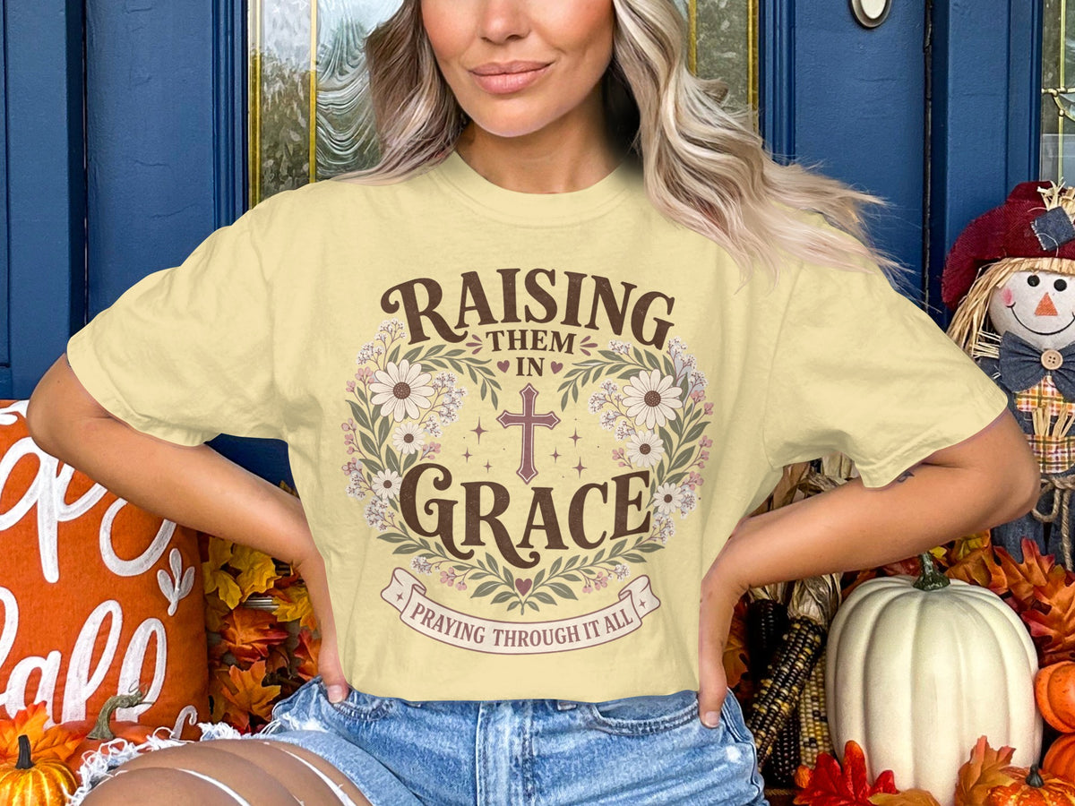 Raising Them in Grace Christian T-Shirt — Floral Cross Faith Tee