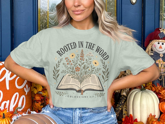 Rooted in the Word T-Shirt — Floral Bible Verse Colossians 2:7 Tee