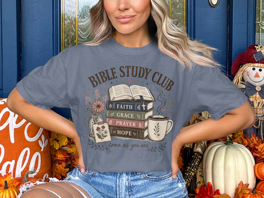 Bible Study Club T-Shirt — Floral Books & Coffee Faith Tee