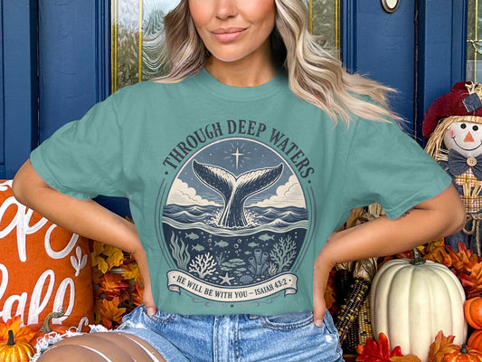 Through Deep Waters Whale T-Shirt — "He Will Be With You" Faith Graphic Tee