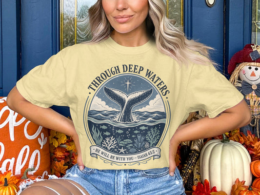 Through Deep Waters Whale T-Shirt — "He Will Be With You" Faith Graphic Tee